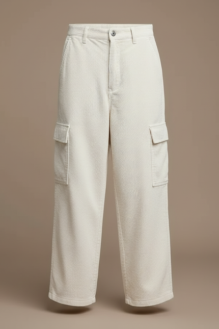 Pantalon Cargo Crème Côtelé Ample Décontracté Unisexe - Beige Cordé - vue 3