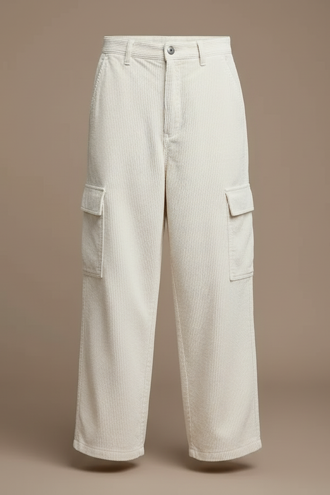 Pantalon Cargo Crème Côtelé Ample Décontracté Unisexe - Beige Cordé - vue 3