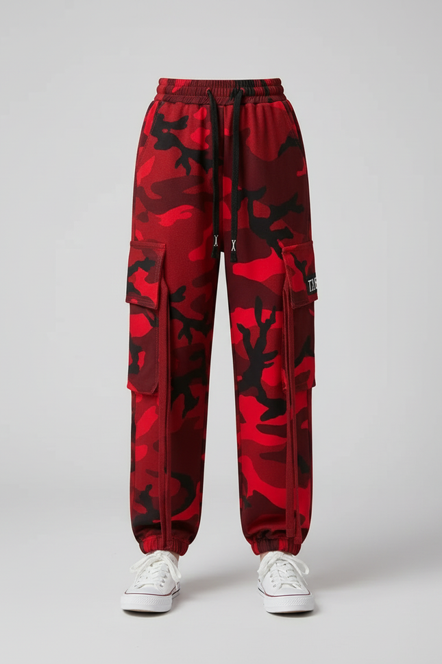 Pantalon Cargo Camouflage Rouge Ample Enfant Décontracté - Molleton - vue 3