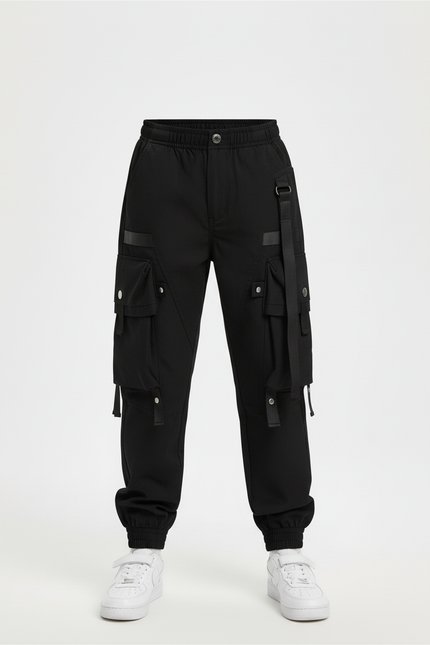 Pantalon Cargo Noir Garçon Multipoches Sangles Urbain - Polyester - vue 3