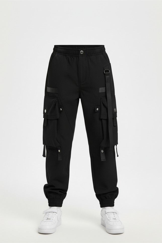 Pantalon Cargo Noir Garçon Multipoches Sangles Urbain - Polyester - vue 3
