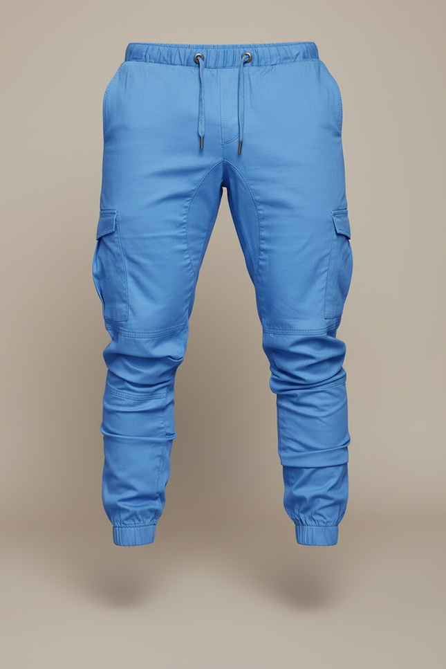 Pantalon Cargo Bleu Ciel Slim Cordon Poches Cheville - Toile - vue 3