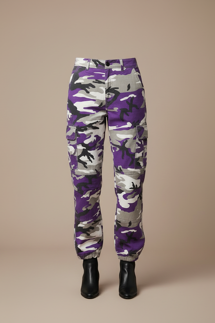Pantalon Cargo Camouflage Violet Ample Décontracté Femme - Toile - vue 3