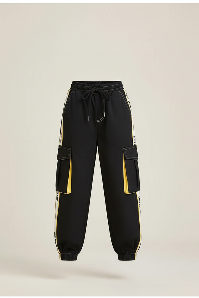 Pantalon Cargo Noir Jaune Ample Enfant Streetwear - Polyester - vue 3