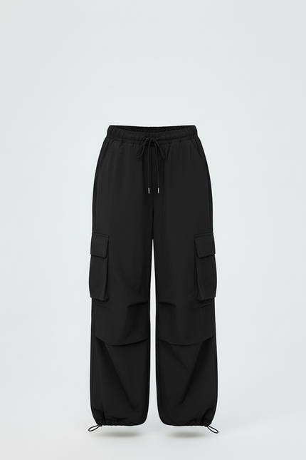 Pantalon Cargo Noir Ample Multipoches Ajustable Fille - Polyester - vue 3