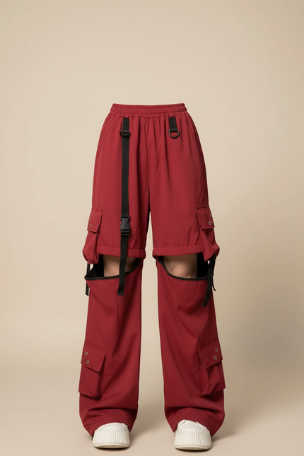 Pantalon Cargo Rouge Ample Multipoches Découpes Femme - Bordeaux Polyester - vue 3