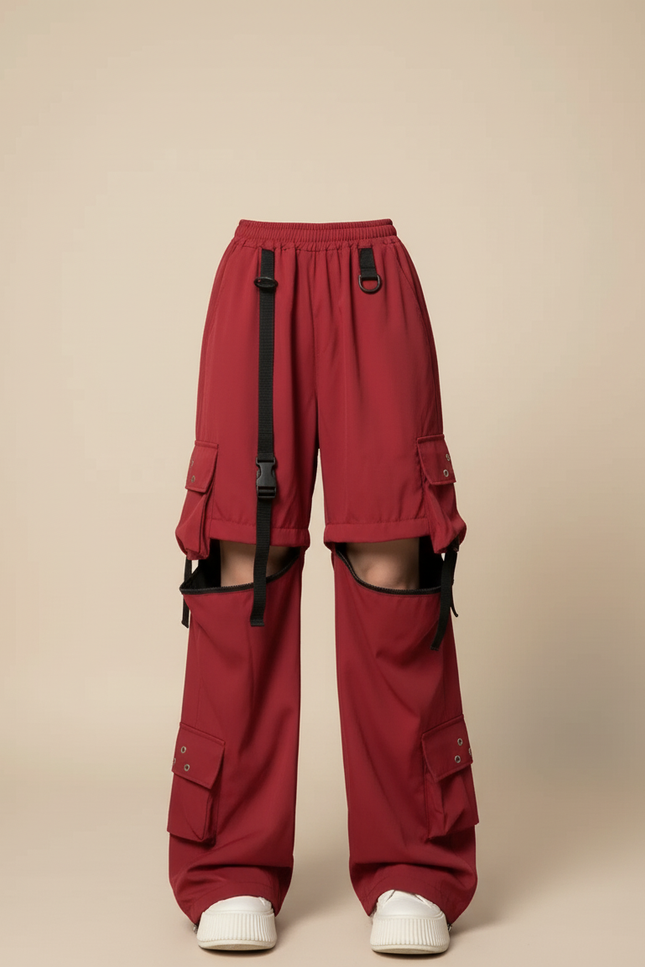 Pantalon Cargo Rouge Ample Multipoches Découpes Femme - Bordeaux Polyester - vue 3