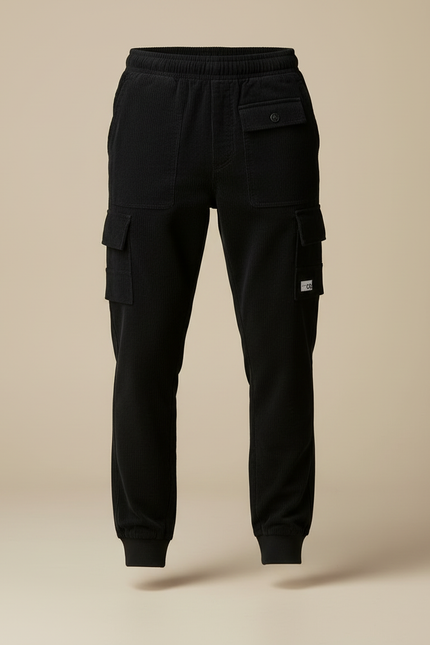 Pantalon Cargo Noir Côtelé Ample Homme Jogger - Cordé - vue 3
