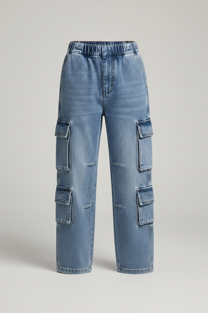 Pantalon Cargo Denim Clair Poches Multiples Garçon - Bleu Jean - vue 3