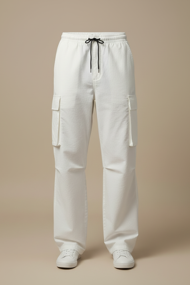 Pantalon Cargo Blanc Ample Coton Casual Décontracté - Toile - vue 3