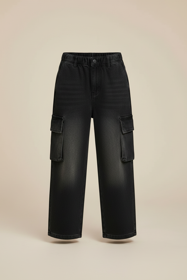 Pantalon Cargo Denim Noir Ample Multipoches Enfant - Jean - vue 3