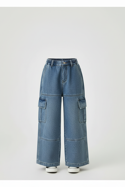Pantalon Cargo Bleu Denim Ample Multipoches Enfant - Jean - vue 3