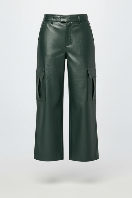 Pantalon Cargo Vert Similicuir Ample Taille Haute - Simili cuir - vue 3