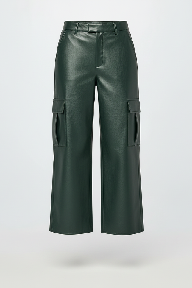 Pantalon Cargo Vert Similicuir Ample Taille Haute - Simili cuir - vue 3