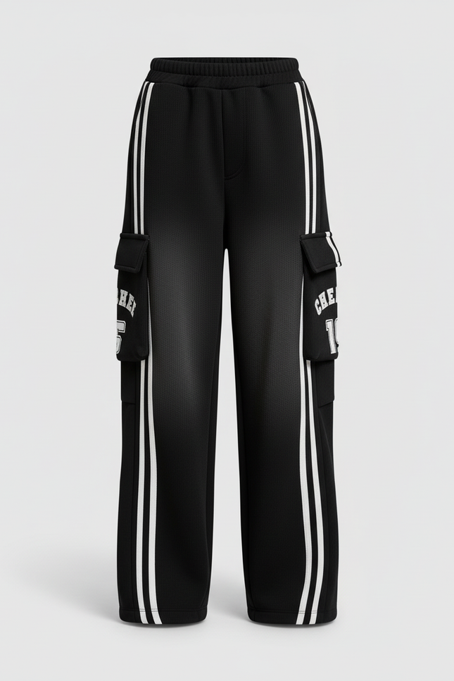 Pantalon Cargo Noir Rayures Blanches Ample Fille - Molleton - vue 3
