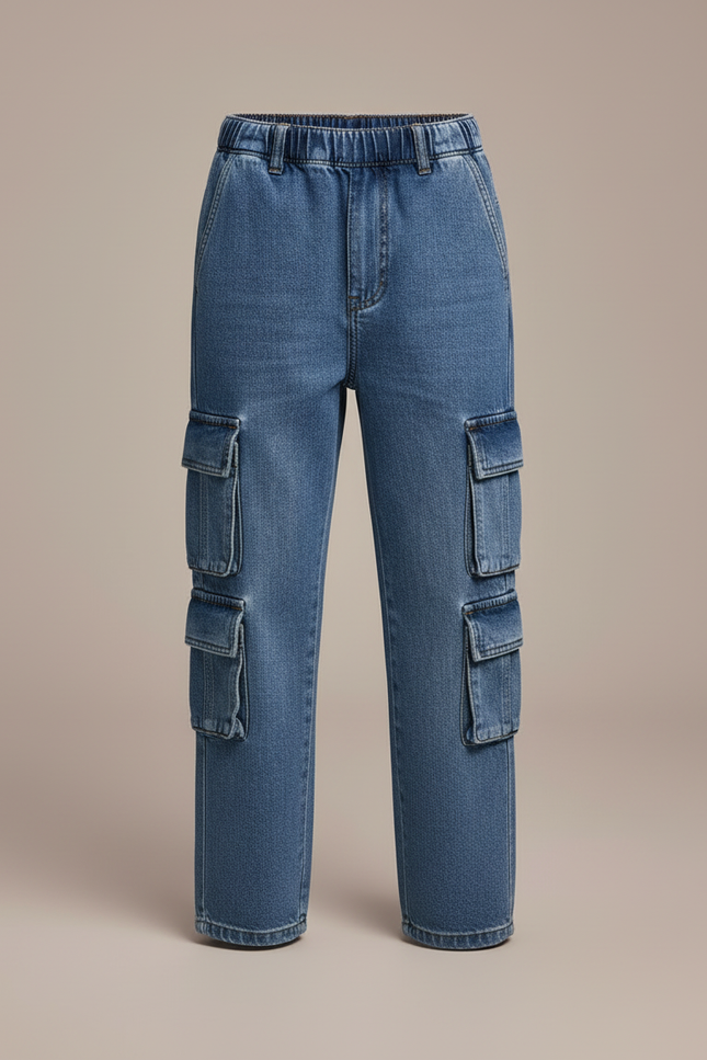Pantalon Cargo Denim Bleu Ample Garçon Poches Multiples - Jean - vue 3