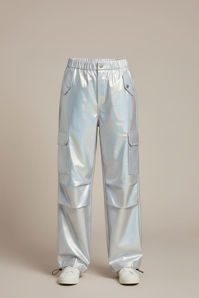 Pantalon Cargo Métallique Ample Brillant Multipoches Fille - Argenté Polyester - vue 3