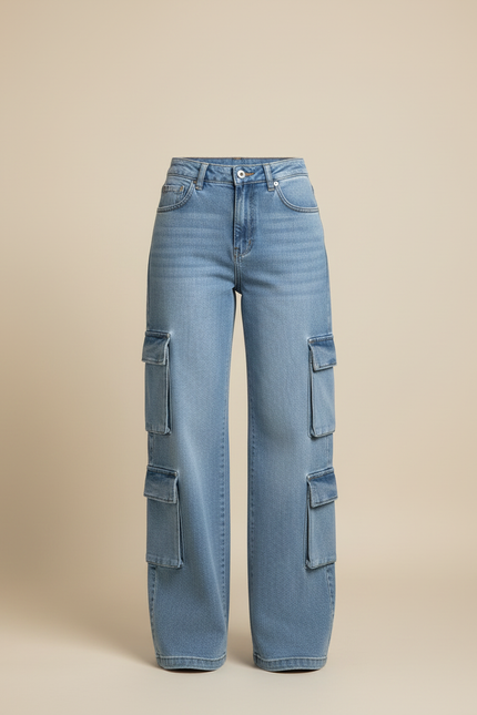 Pantalon Cargo Denim Bleu Ample Multipoches Décontracté - Jean - vue 3