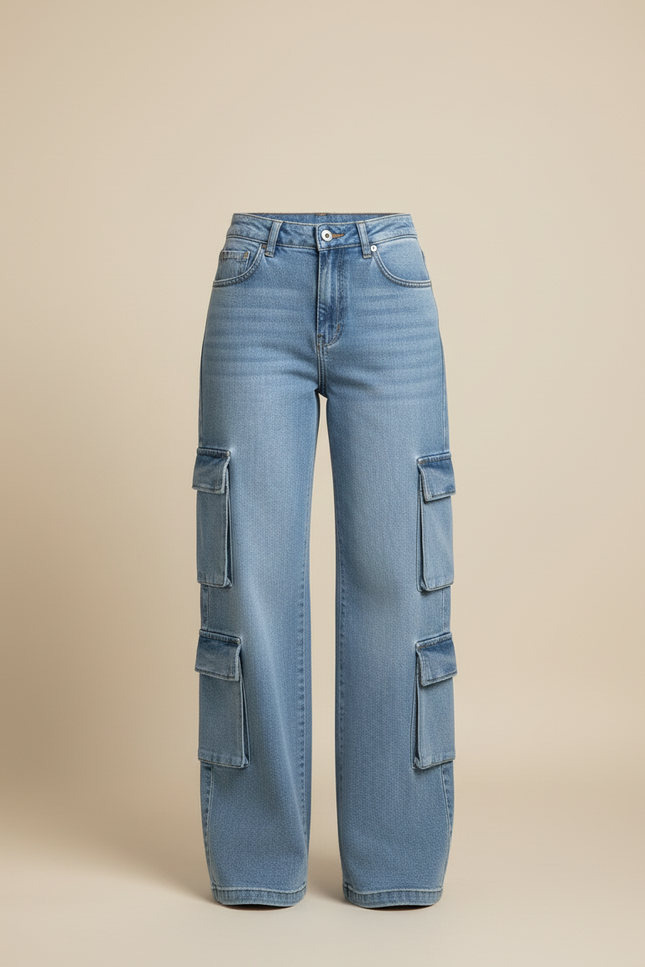 Pantalon Cargo Denim Bleu Ample Multipoches Décontracté - Jean - vue 3
