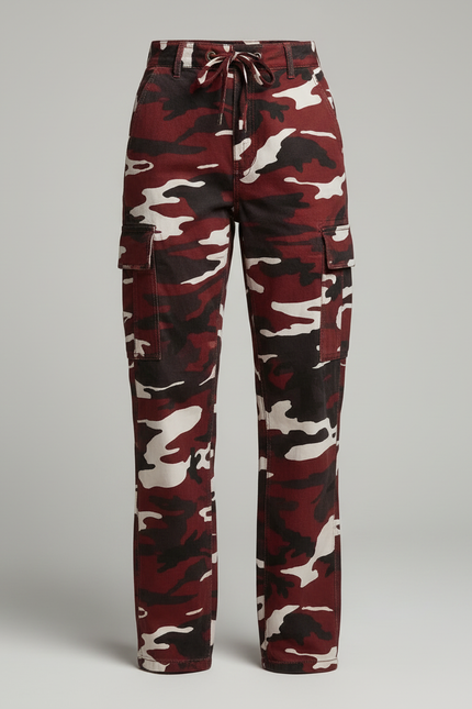 Pantalon Cargo Camouflage Rouge Ample Femme Poches - Bordeaux Toile - vue 3