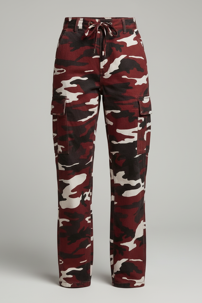 Pantalon Cargo Camouflage Rouge Ample Femme Poches - Bordeaux Toile - vue 3