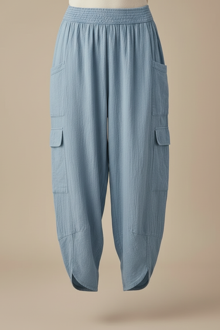 Pantalon Cargo Bleu Lin Ample Femme Décontracté - vue 3