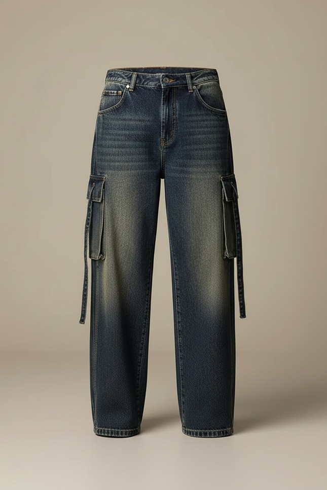Pantalon Cargo Jean Délavé Ample Multipoches Homme - Bleu - vue 3