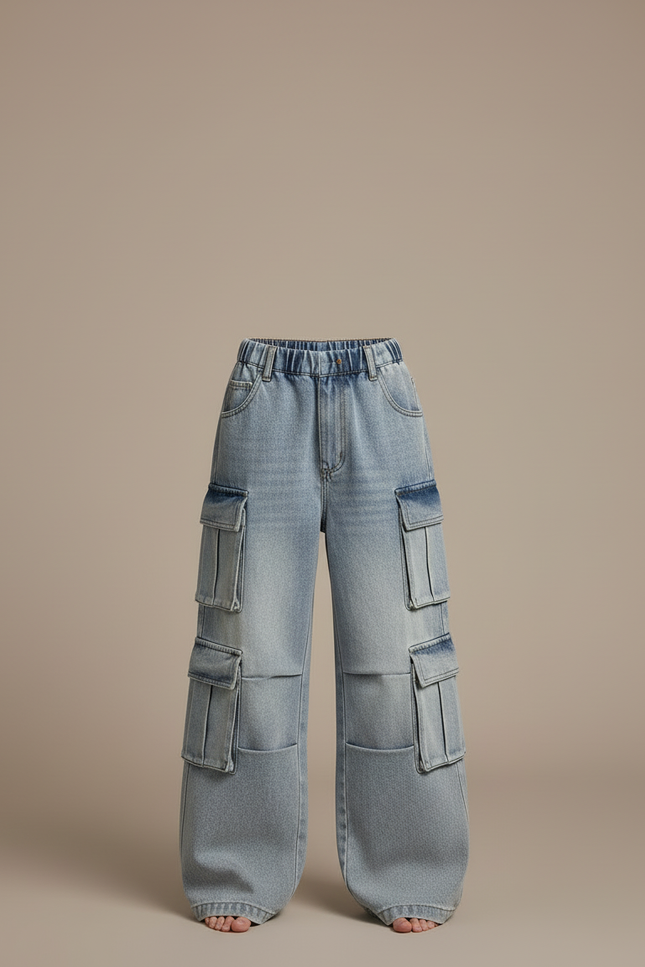 Pantalon Cargo Jean Ample Délavé Multipoches Fille - Bleu - vue 3