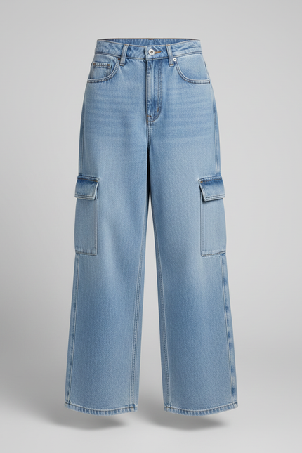 Pantalon Cargo Jean Ample Multipoches Décontracté - Bleu - vue 3