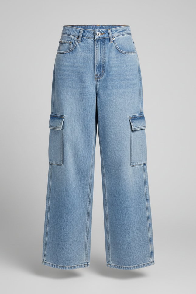 Pantalon Cargo Jean Ample Multipoches Décontracté - Bleu - vue 3