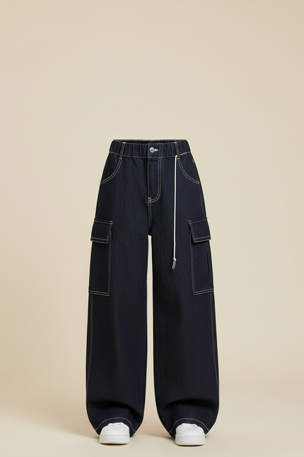 Pantalon Cargo Denim Bleu Ample Multipoches Fille - Marine Jean - vue 3