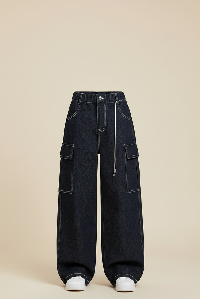 Pantalon Cargo Denim Bleu Ample Multipoches Fille - Marine Jean - vue 3