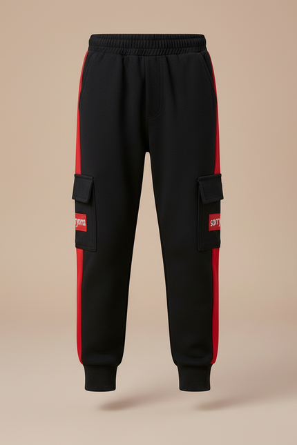 Pantalon Cargo Noir Rayure Rouge Molletonné Enfant - vue 3