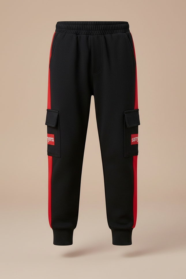 Pantalon Cargo Noir Rayure Rouge Molletonné Enfant - vue 3