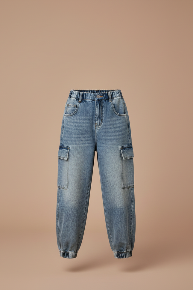 Pantalon Cargo Jean Ample Multipoches Enfant Décontracté - Bleu - vue 3