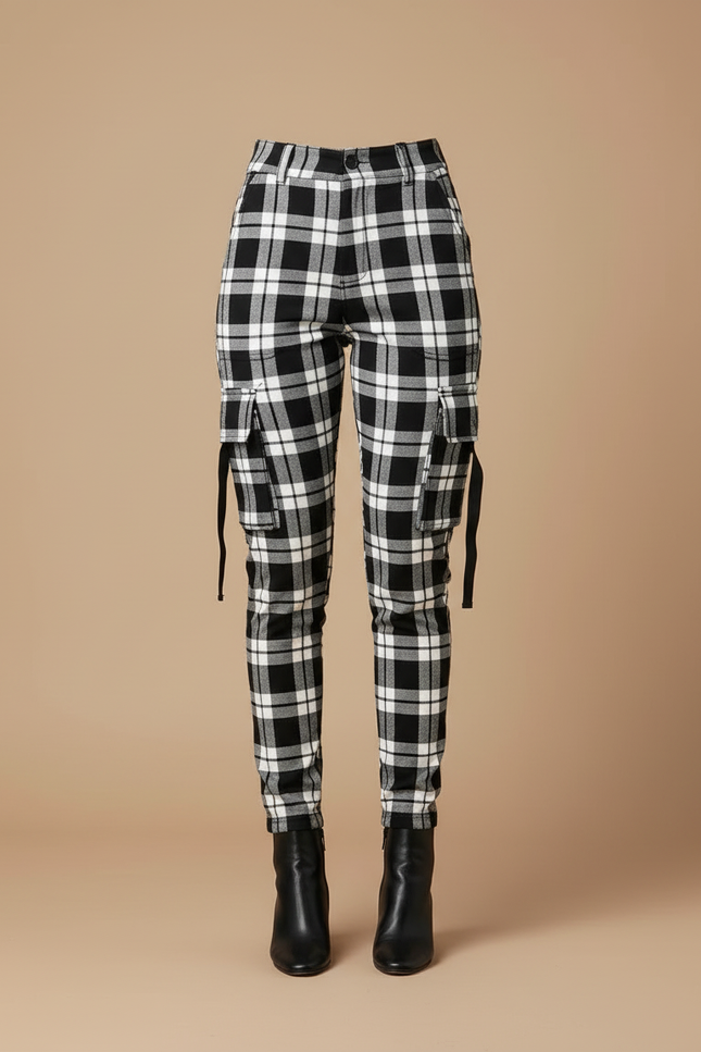 Pantalon Cargo Carreaux Noir Blanc Slim Femme - Multicolore Coton - vue 3