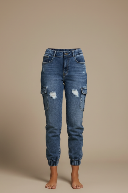 Pantalon Cargo Jean Bleu Délavé Taille Haute Femme - vue 3