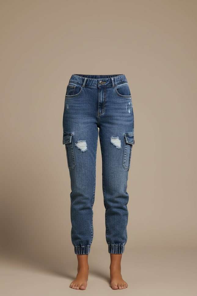 Pantalon Cargo Jean Bleu Délavé Taille Haute Femme - vue 3