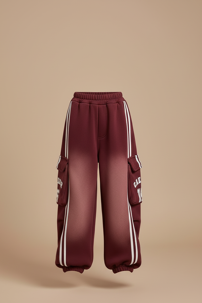 Pantalon Cargo Bicolore Multipoches Rayures Blanches Fille - Bordeaux Molleton - vue 3