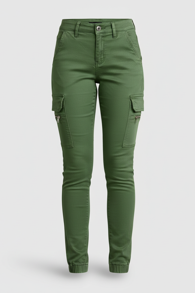 Pantalon Cargo Vert Slim Femme Coton Multipoches - vue 3