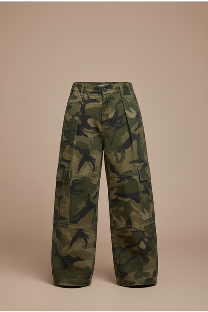 Pantalon Cargo Camouflage Ample Garçon Multipoches Décontracté - Kaki Toile - vue 3