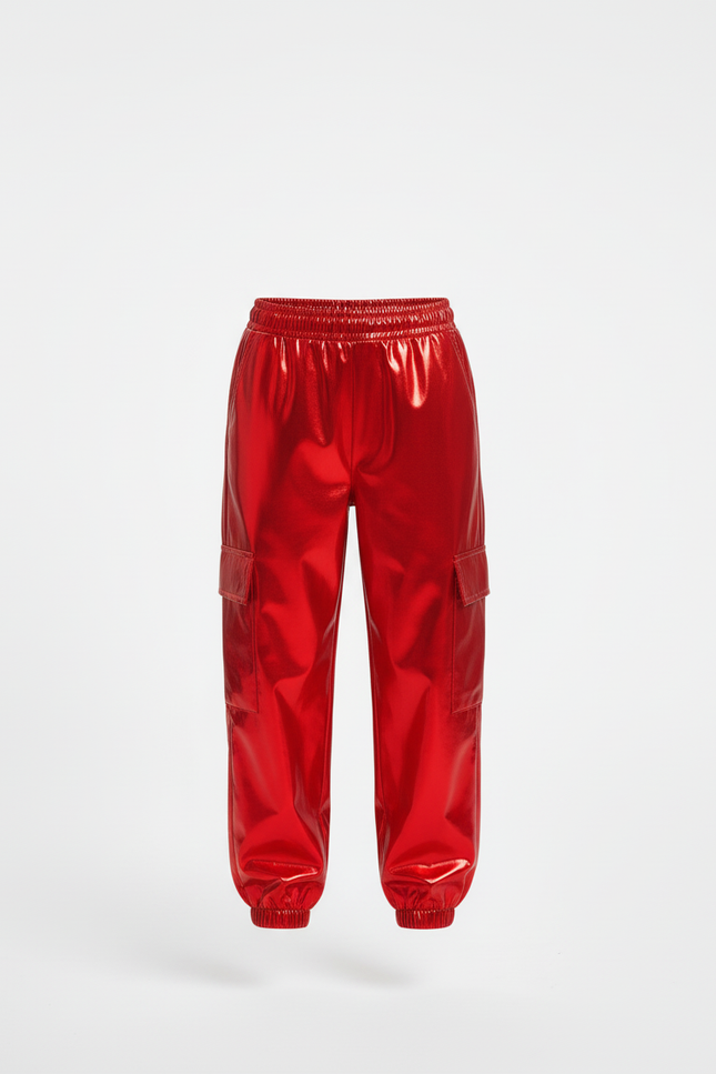 Pantalon Cargo Rouge Métallisé Brillant Fille - Polyester - vue 3