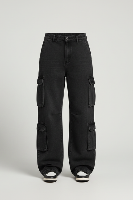 Pantalon Cargo Noir Ample Denim Taille Basse Femme - Jean - vue 3
