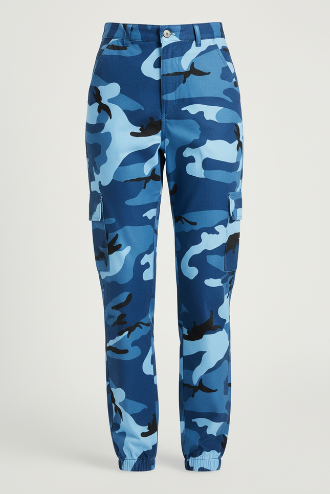 Pantalon Cargo Camouflage Bleu Ample Décontracté Femme - Toile - vue 3