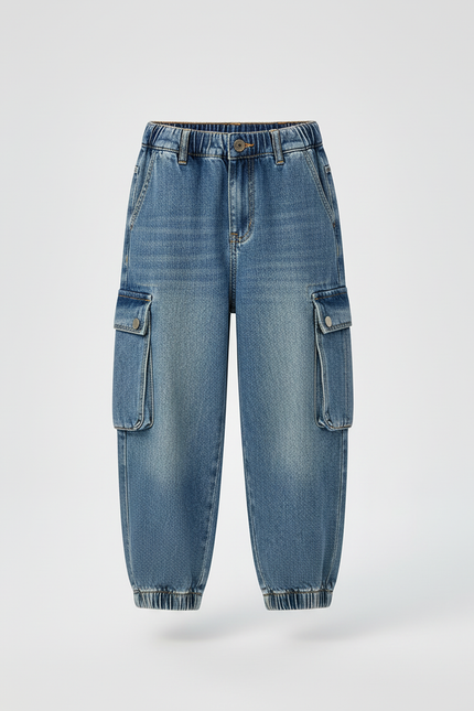 Pantalon Cargo Denim Ample Délavé Enfant Poches - Bleu Jean - vue 3