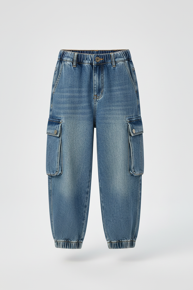 Pantalon Cargo Denim Ample Délavé Enfant Poches - Bleu Jean - vue 3