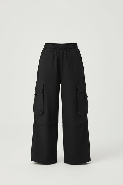 Pantalon Cargo Noir Ample Multipoches Décontracté Enfant - Gabardine - vue 3