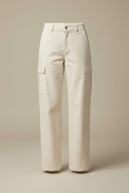Pantalon Cargo Crème Ample Coton Taille Haute - Beige - vue 3