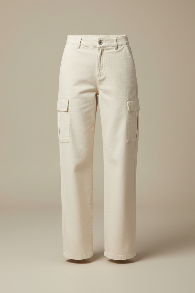 Pantalon Cargo Crème Ample Coton Taille Haute - Beige - vue 3
