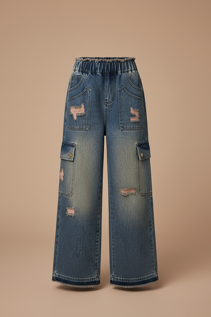 Pantalon Cargo Jean Ample Délavé Poches Enfant - Bleu - vue 3